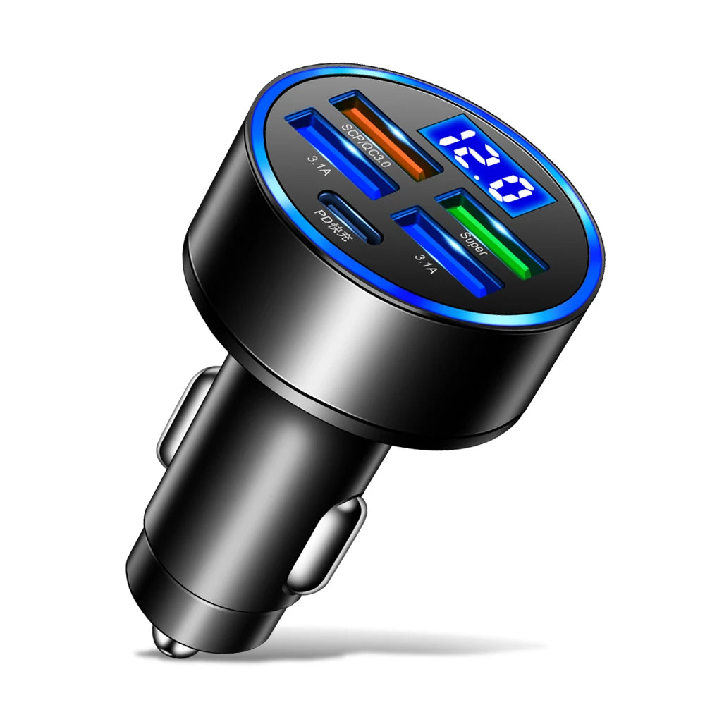 Cargador de auto LED de 250W, 5 puertos de carga rápida, PD, QC3.0, USB C