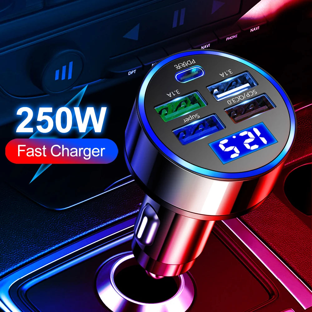 Cargador de auto LED de 250W, 5 puertos de carga rápida, PD, QC3.0, USB C