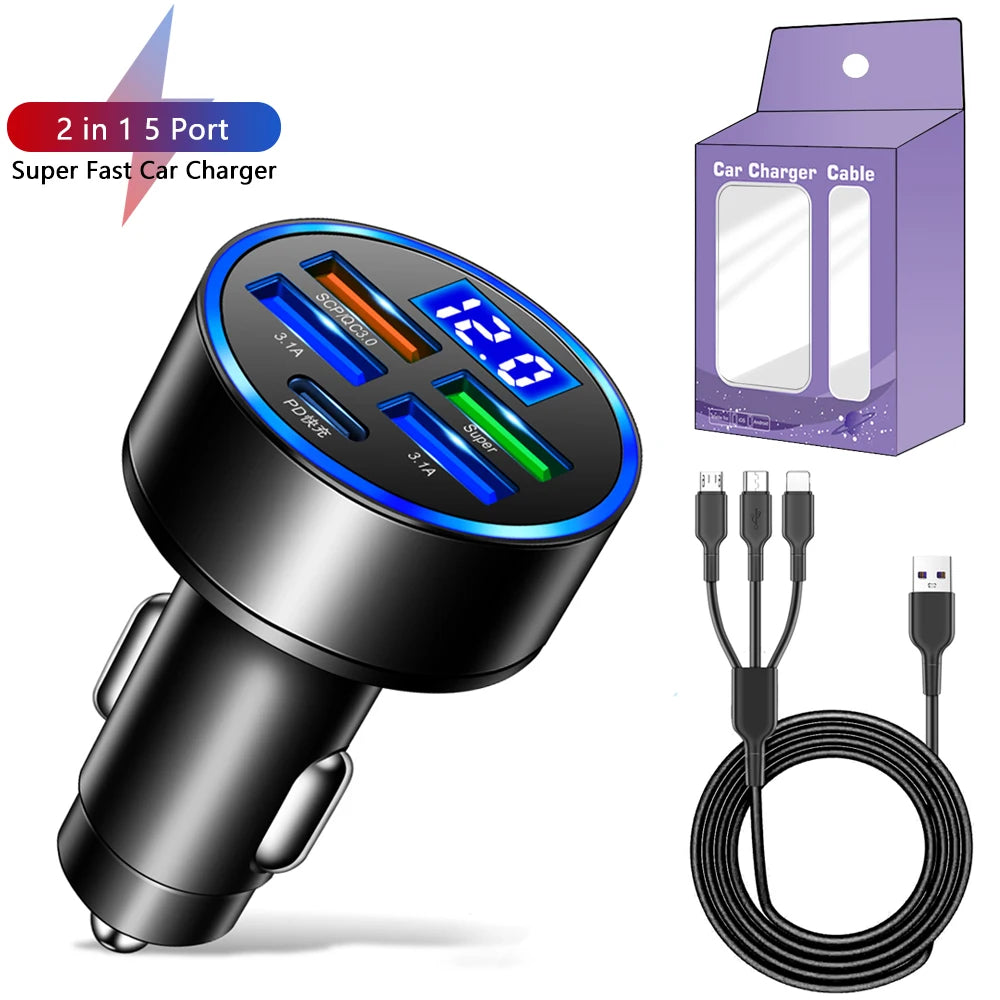 Cargador de auto LED de 250W, 5 puertos de carga rápida, PD, QC3.0, USB C